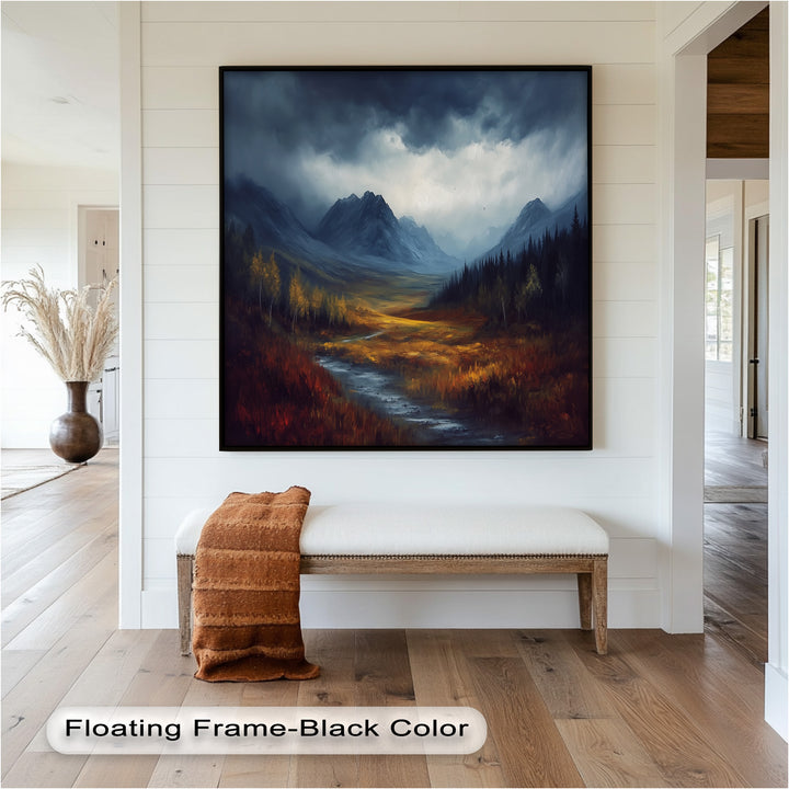 A moody mountain scene with contrasting light and shadow, where the golden plains meet dark forests and misty peaks.