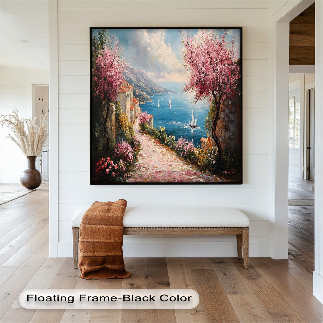 Incredible Sea Street & Spring Blossoms – Coastal Charm Oil Painting