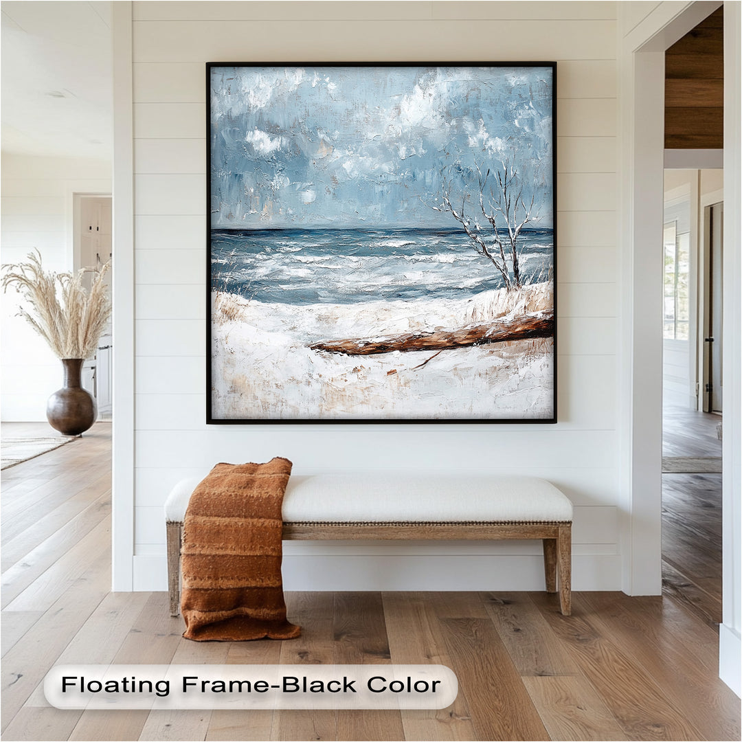 The combination of snow, sea, and sky creates a rare and captivating coastal scene that blends stillness with natural elegance.