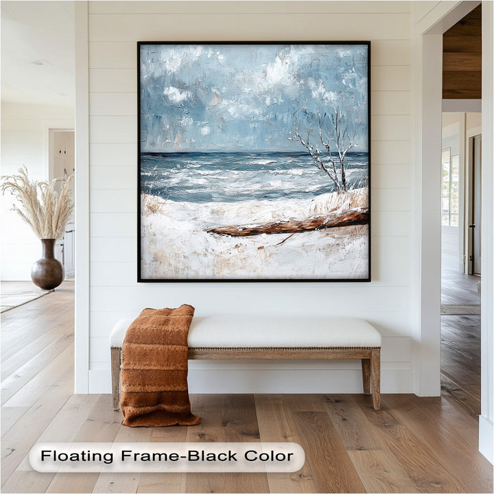 The combination of snow, sea, and sky creates a rare and captivating coastal scene that blends stillness with natural elegance.