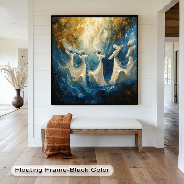 An expressive and poetic portrayal of Sufi mystics in motion, merging movement with light in a heavenly, swirling atmosphere.