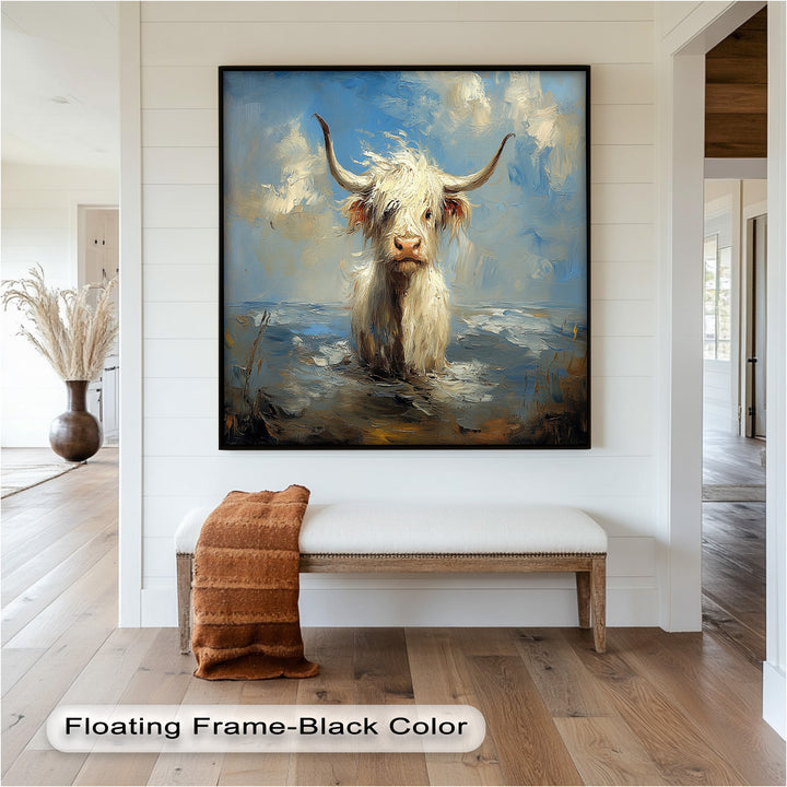 Highland Cow in Coastal Waters – Animal Oil Painting