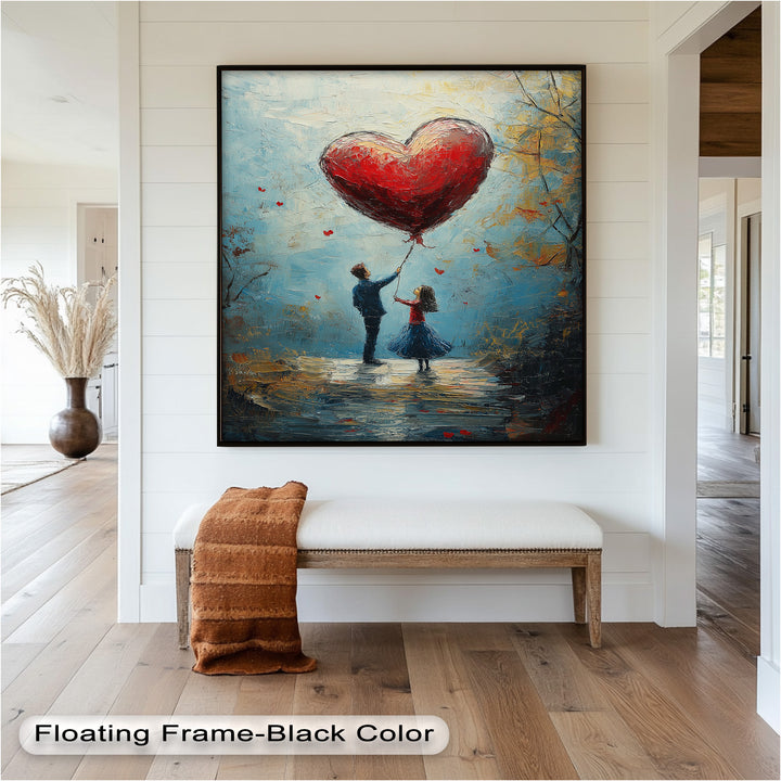 Romantic Red Heart Balloon Scene - Love Oil Painting