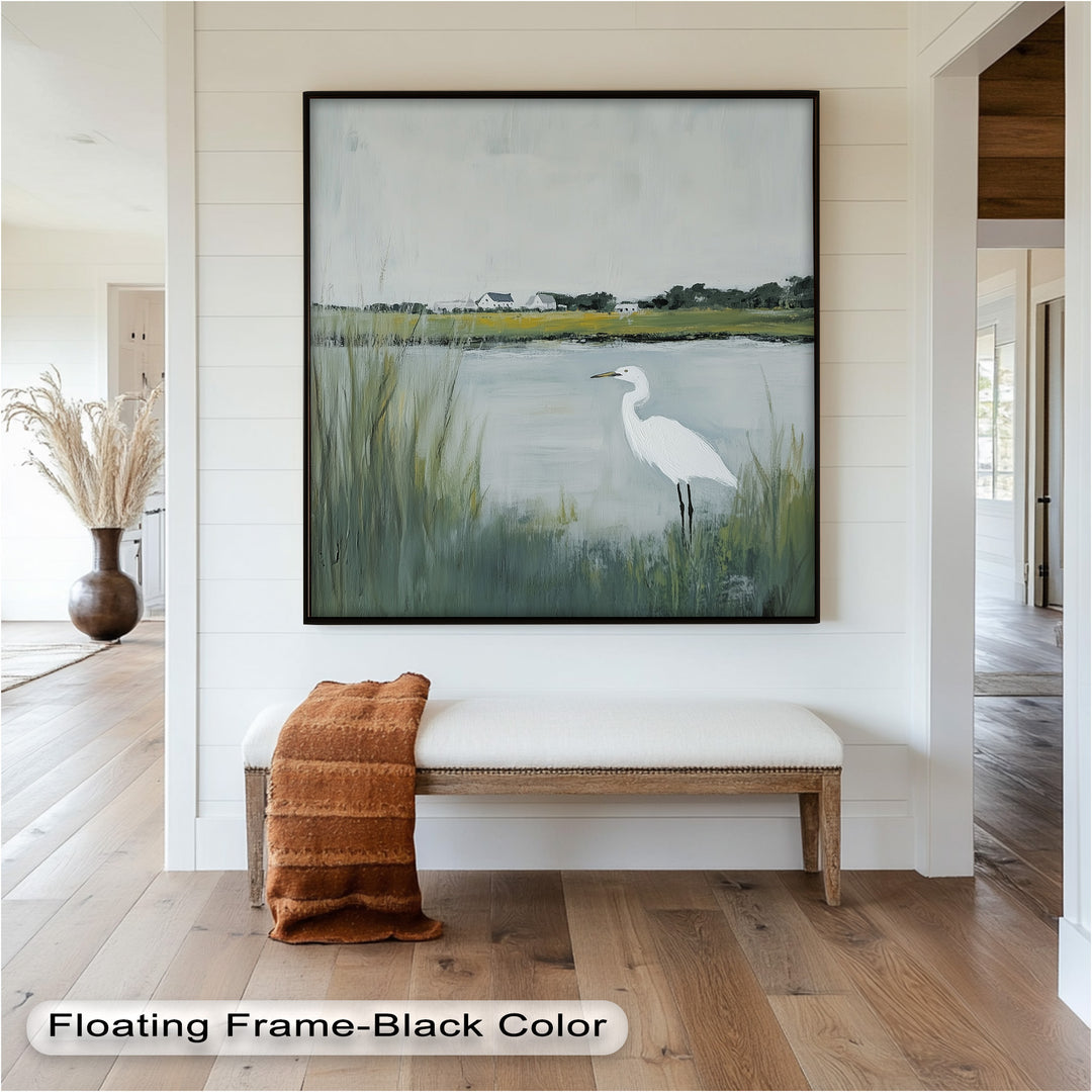 Egret by the Marsh – Minimalist Landscape Oil Painting