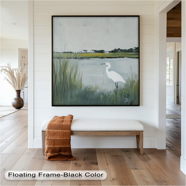 Egret by the Marsh – Minimalist Landscape Oil Painting