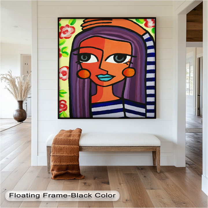 Striped Radiance – Playful Woman with Purple Hair Picasso Oil Painting