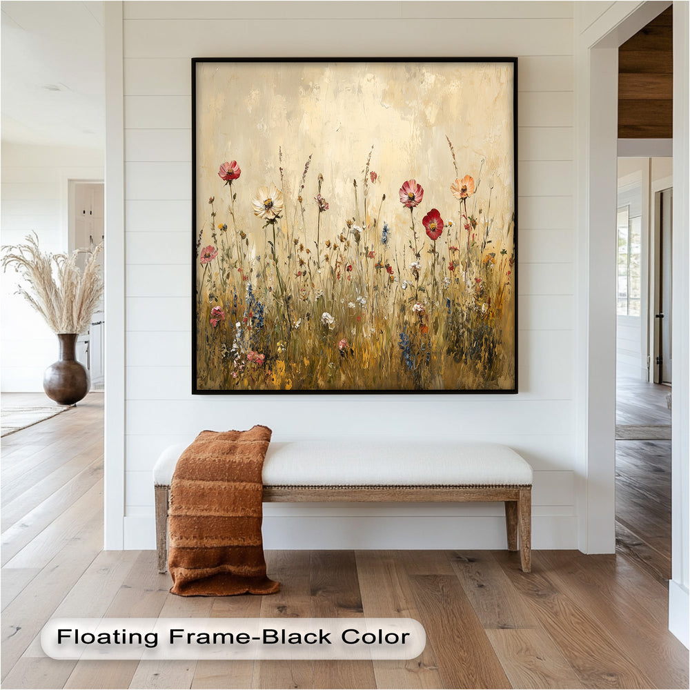 This elegant floral artwork captures the essence of a sunlit field, with expressive brushstrokes bringing vibrant poppies and wild grasses to life in a natural, rustic setting.
