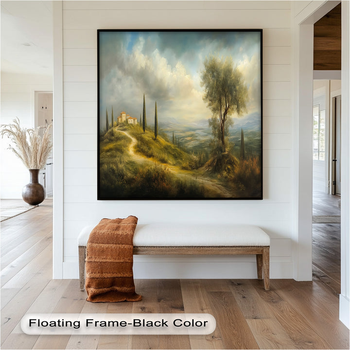 A tranquil scenic view with a dirt path curving through grassy hills, past a distant villa and lush greenery under a dramatic sky.