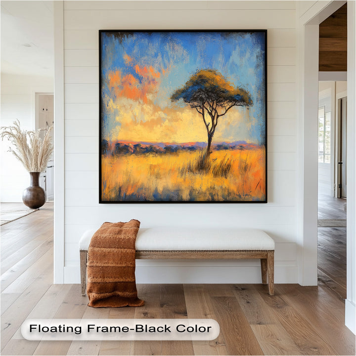 A bright and textured view of an African landscape, with a lone tree standing in a glowing field beneath a fiery sky.

