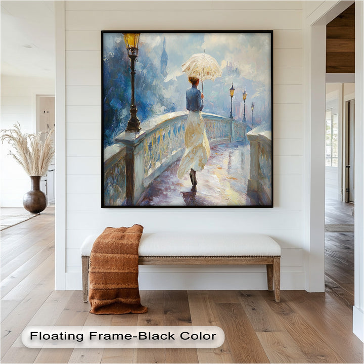 Woman with Umbrella on Cobblestone Bridge – Oil Painting
