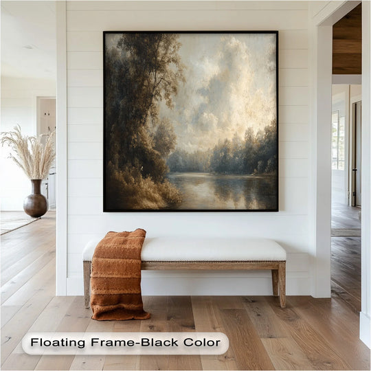 Displayed is forest lake wall art, a nature oil painting providing a serene ambiance through beautiful oil painting home decor, framed in black for a contemporary look.