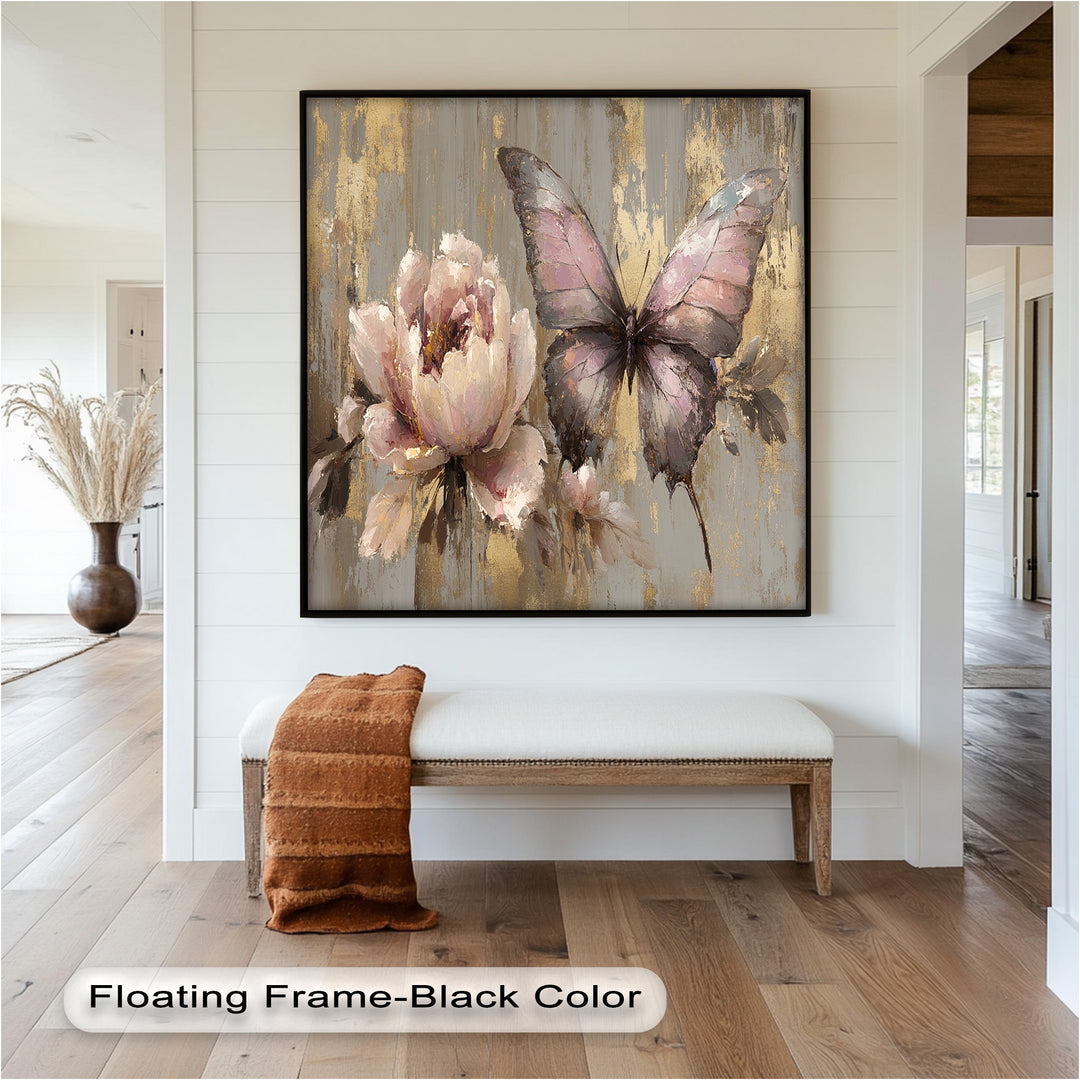 Elegant Butterfly and Peony – Pastel Floral Oil Painting