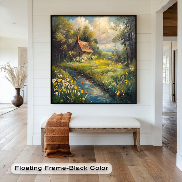 A picturesque countryside retreat with a rustic home and vibrant springtime flora.






