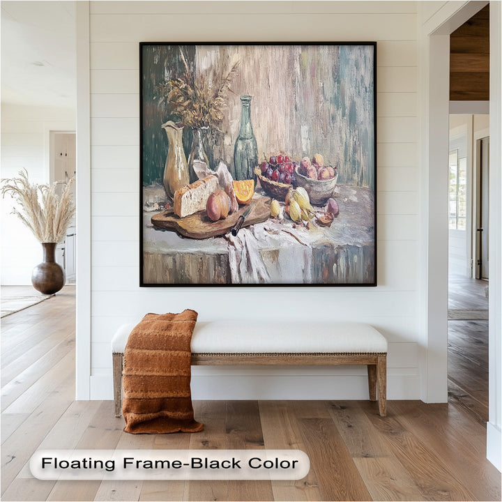 Rustic Fruit & Bread Still Life – Framed Oil Painting