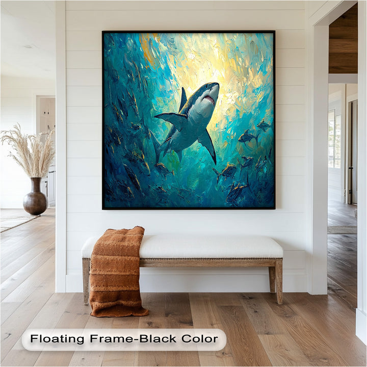 Great White Shark in Sunlit Ocean Depths – Animal Oil Painting