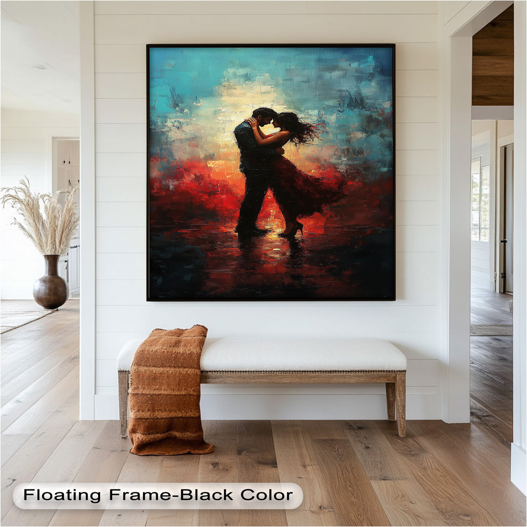 Romantic Couple in Fiery Twilight - Modern Oil Painting