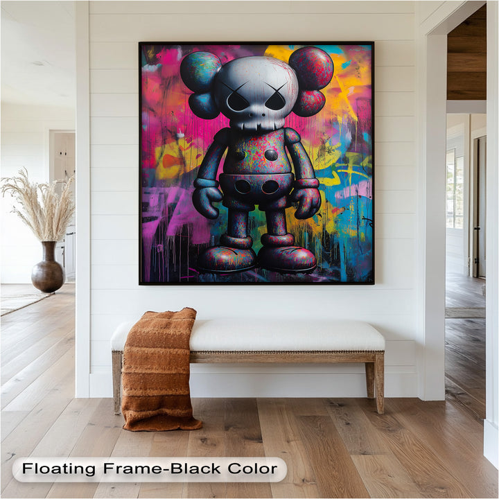 Neon Skull Companion – Mehrfarbiges KAWS-Ölgemälde