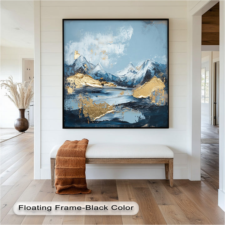 Arctic Peaks – Abstraktes Ölgemälde mit Bergmotiven in Blau und Gold