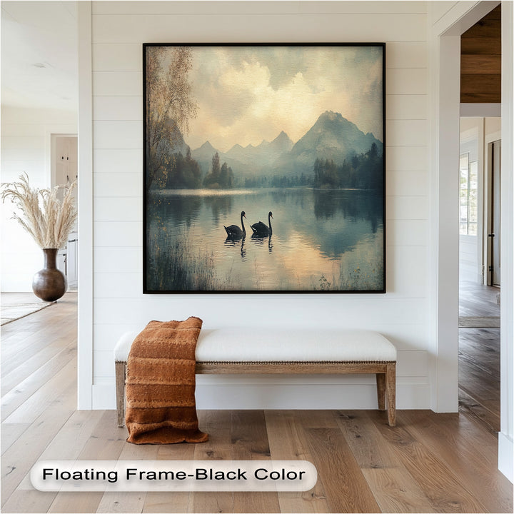 Black Swans on a Mountain Lake – Modern Oil Painting