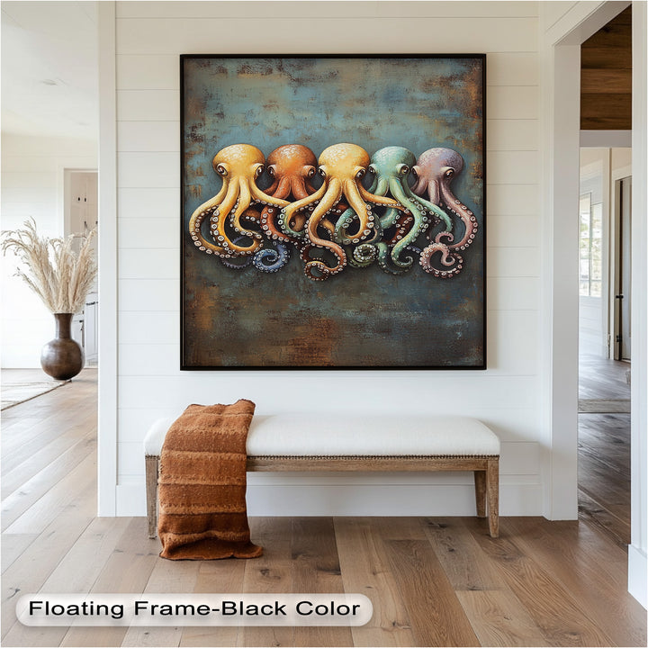 Whimsical Row of Octopuses – Colorful Sea Life Animal Oil Painting