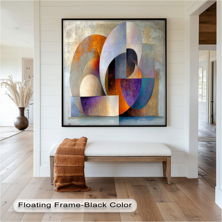 Dynamic contemporary artwork with bold circular forms and warm tones.

