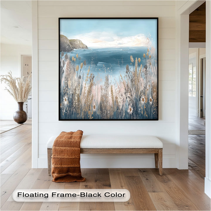 A beautiful ode to the quiet beauty of nature by the sea, this painting invites viewers to pause, breathe, and simply enjoy the view.