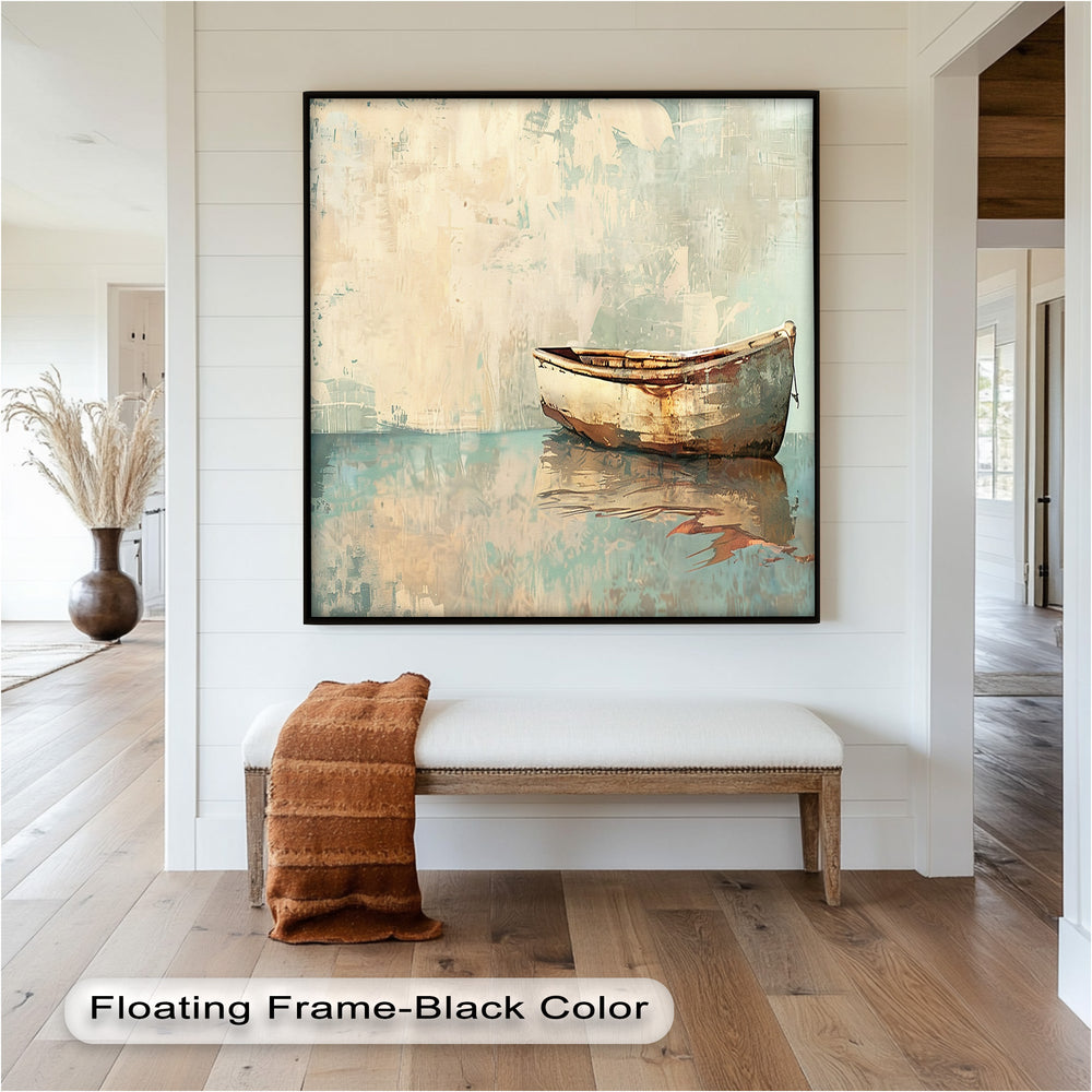 This stunning maritime-inspired painting showcases a rustic, aged rowboat floating in still waters, surrounded by soft, muted tones that create a dreamy and tranquil atmosphere.