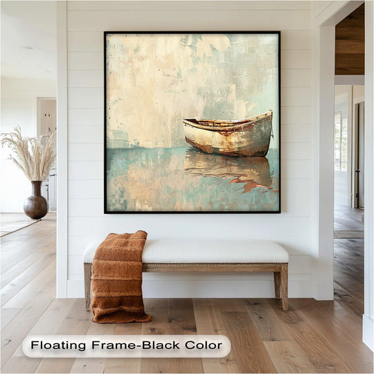 Blending seamlessly, the framed oil painting reproduction print captures the old wood boat’s reflection as the water shifts from teal to a sandy beige.