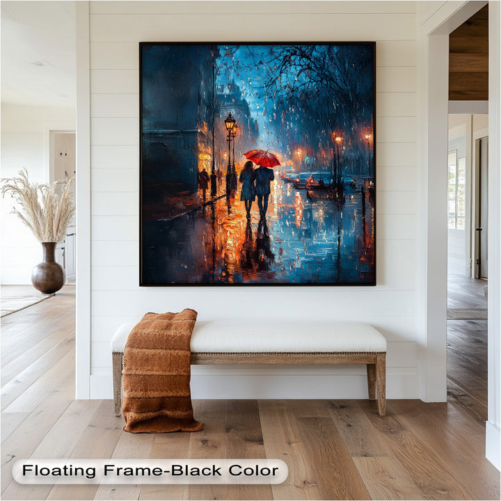 Lovers in the Rain – Romantic Night Street Oil Painting