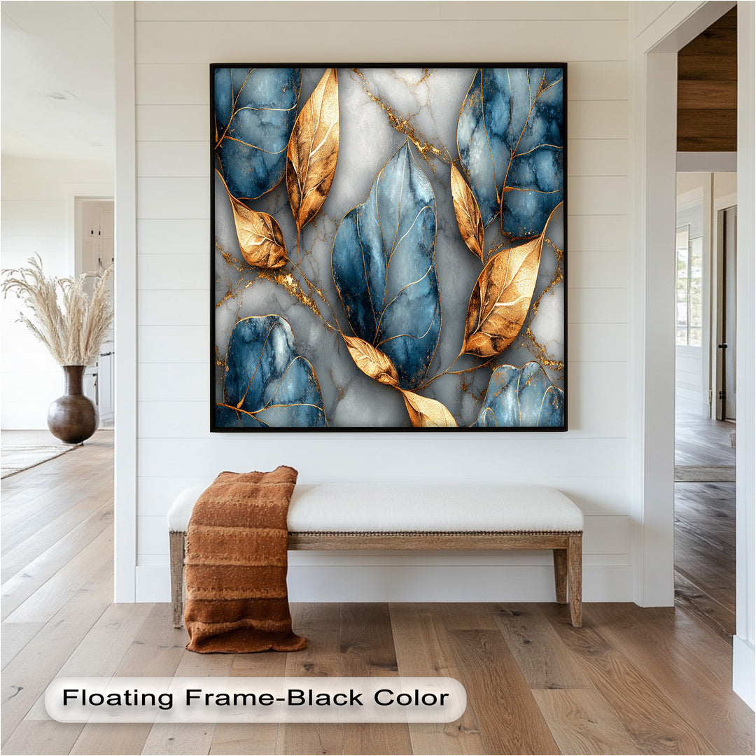 Elegant wall art with metallic gold foliage and navy blue details.
