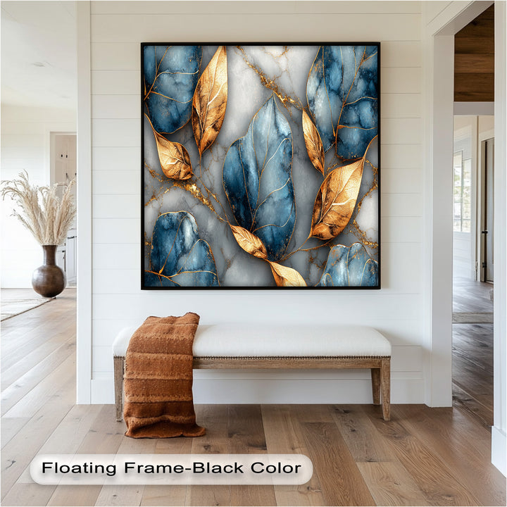 Elegant wall art with metallic gold foliage and navy blue details.
