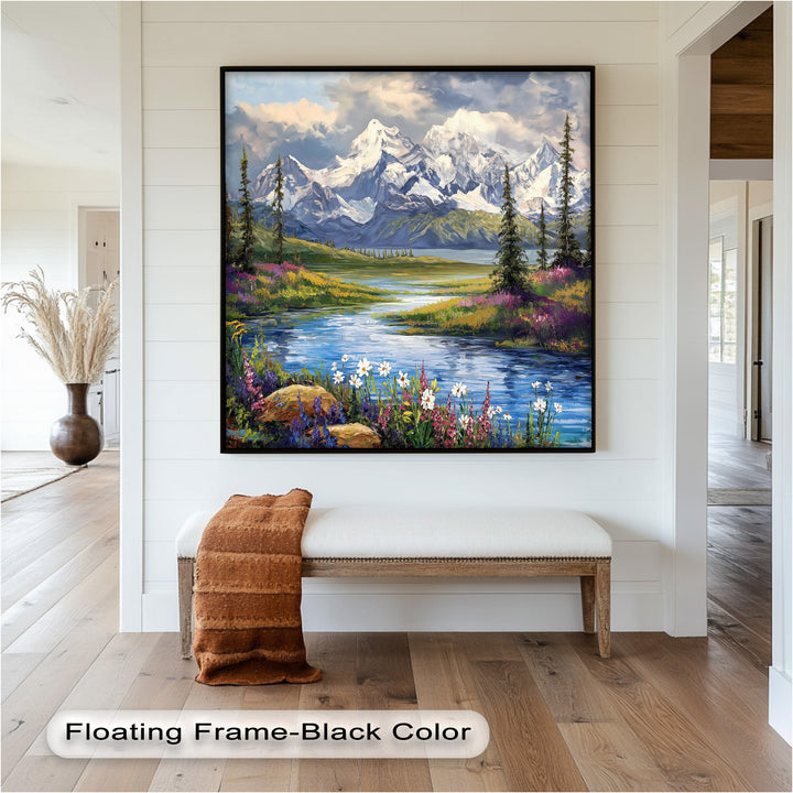 Vintage Mountains & River – Framed Oil Painting