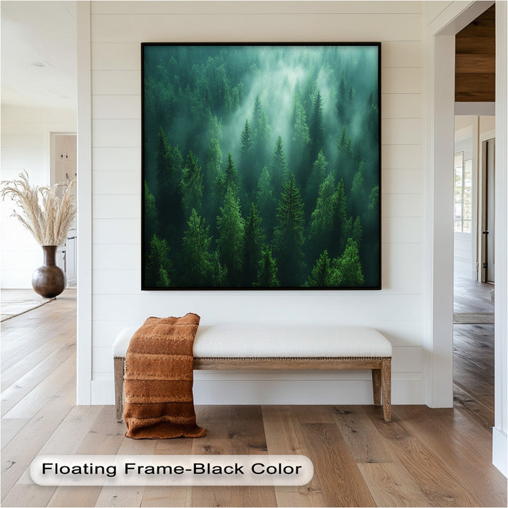 The interplay of light and shadow enhances the depth of this atmospheric forest painting, as soft mist lingers between the trees, creating a dreamlike, enchanted setting.