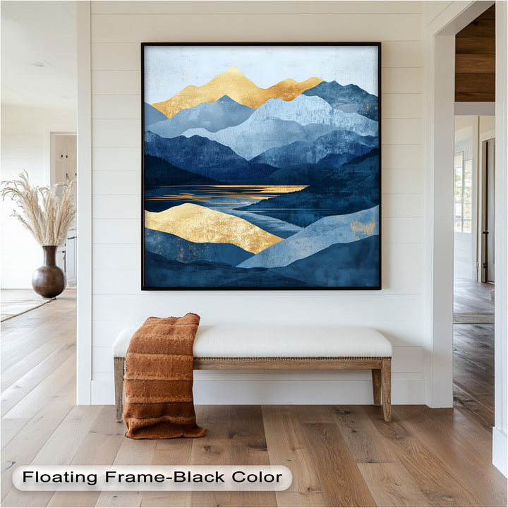 Golden Horizon – Abstract Blue Mountain Landscape Oil Painting