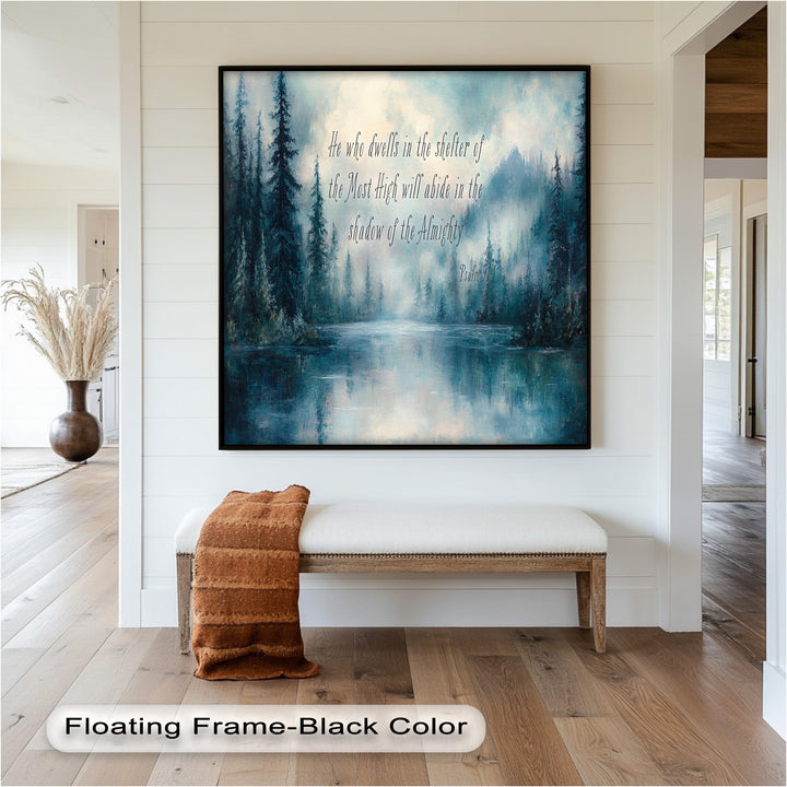 Abide in the Almighty – Peaceful Misty Forest Painting

