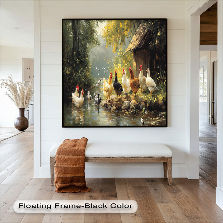 Country Farmyard Chickens by the Stream – Animal Oil Painting