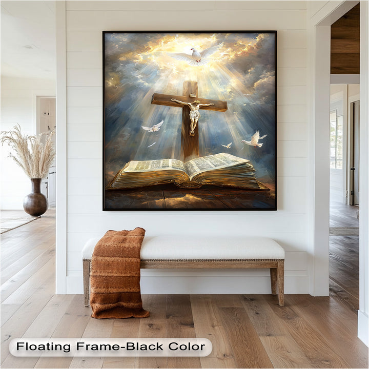 Jesus on the Cross with Open Bible and Doves - Oil Painting