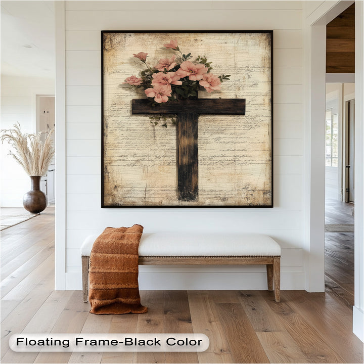Holzkreuz mit rosa Blüten - Christliches Ölgemälde