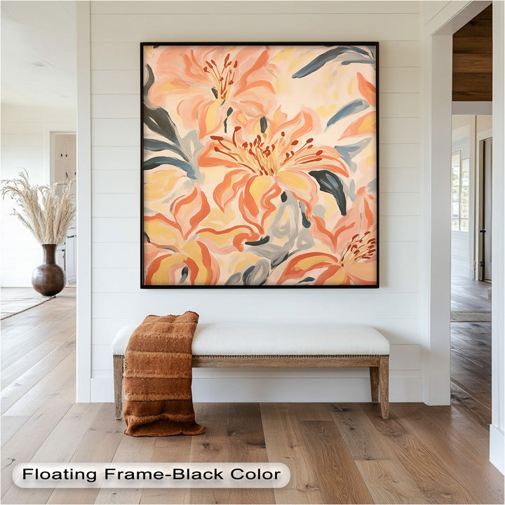 Sunlit Lilies – Abstract Coral Flower Oil Painting