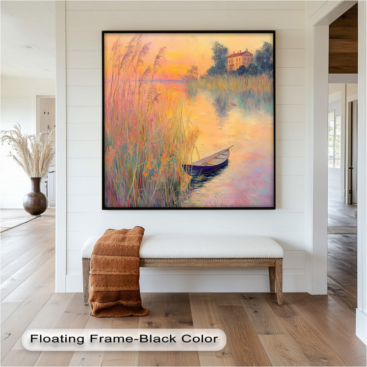 Golden Reeds and Sunset Rowboat – Impressionist Oil Painting