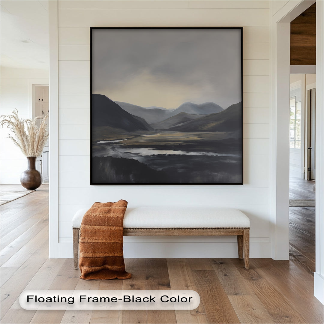 A peaceful river flowing through a valley, bathed in pale dawn light, with dark mountain ranges providing a serene backdrop.
