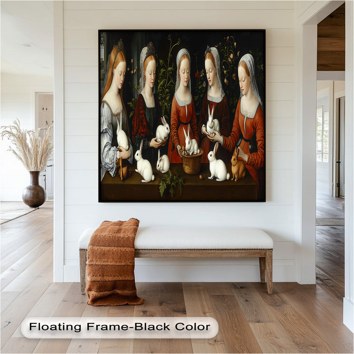 Maiden Garden Gathering – Renaissance Rabbit Portrait Oil Painting