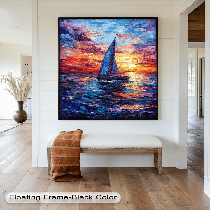 Crimson Horizon – Sunset Voyage Boat Oil Painting