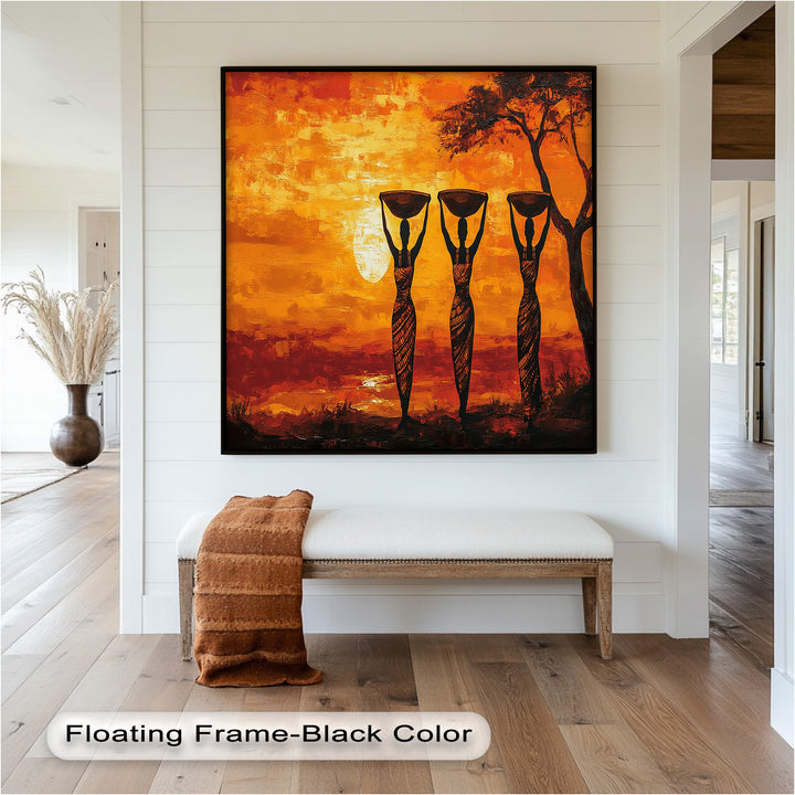 The bold silhouettes and dramatic sky create a powerful composition, celebrating culture, unity, and the rhythm of nature.

