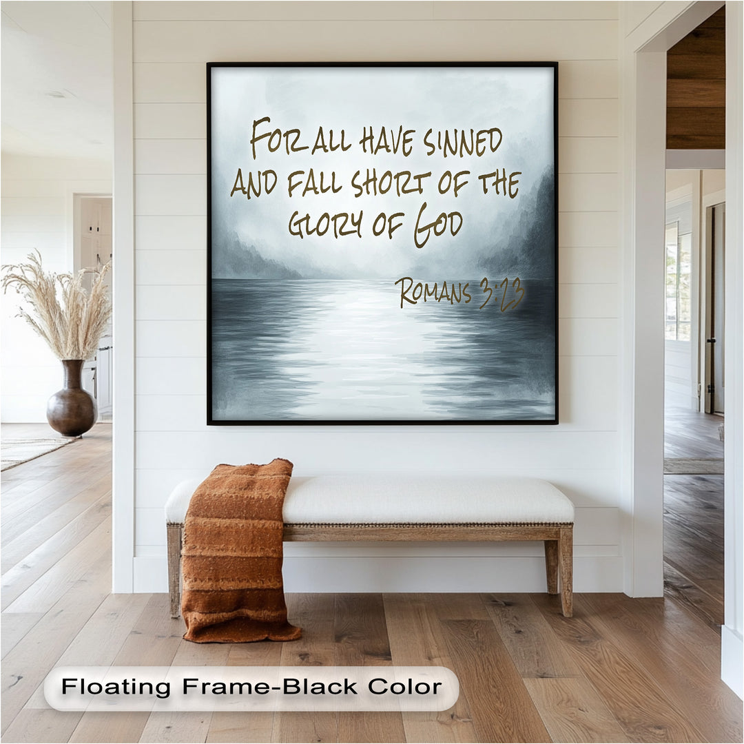 Christian wall art featuring a misty lake and scripture on faith and forgiveness.
