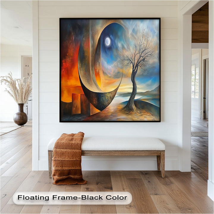 Moonlit Tree and Surreal Horizon - Abstract Oil Painting