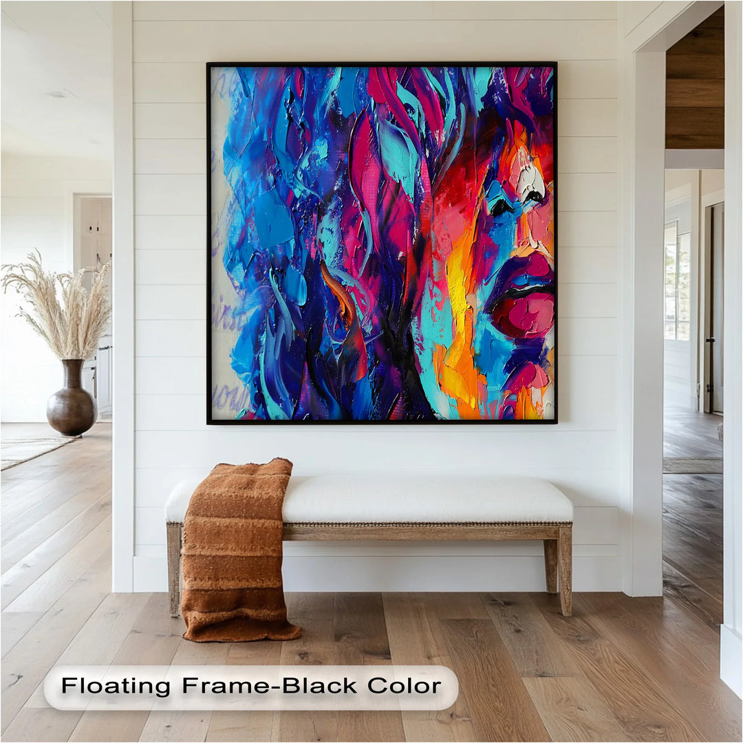 A captivating abstract face painting that blends intense blues, purples, and reds, using bold strokes and layers of texture to evoke emotion and movement