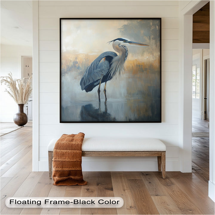 Heron in Misty Marshland - Framed Oil Painting