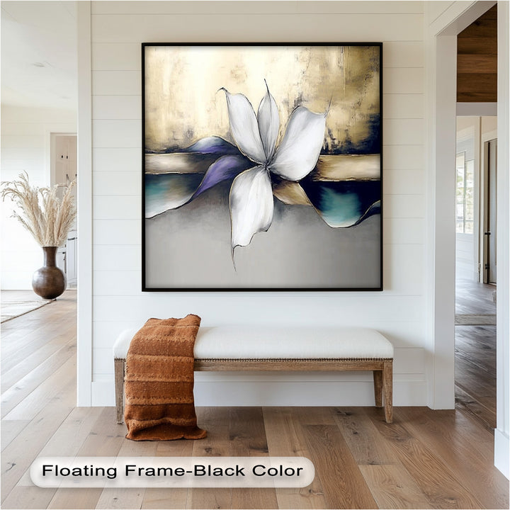 Elegant wall art with a luminous white flower and shimmering gold tones.
