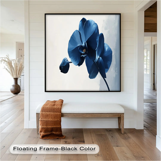 Highlighting the layering effect, the modern floral oil painting wall art features deeply saturated blue orchid blooms overlapping to create depth in this botanical study.